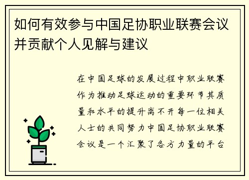 如何有效参与中国足协职业联赛会议并贡献个人见解与建议 如何有效参与中国足协职业联赛会议并贡献个人见解与建议
